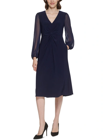 Shop Jessica Howard Petites Womens Chiffon Sleeves Ruched Midi Dress In Blue