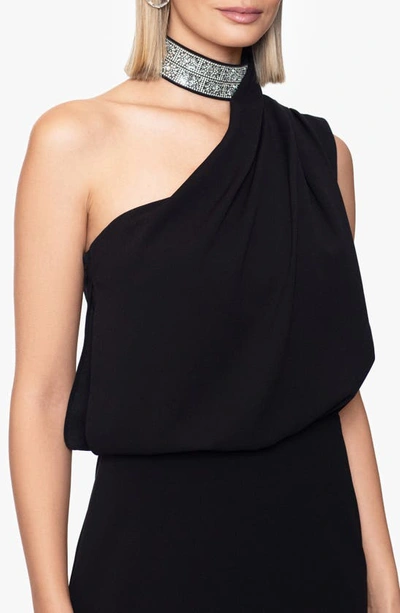 Betsy & Adam Crystal Mock Neck One-shoulder Gown In Black