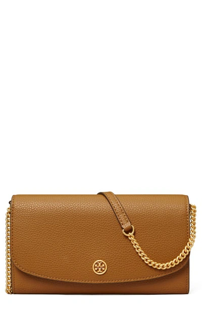 Shop Tory Burch Robinson Leather Wallet On A Chain In Tigers Eye