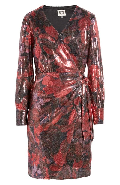 Shop Anne Klein Floral Sequin Long Sleeve Faux Wrap Dress In Titian Red Multi