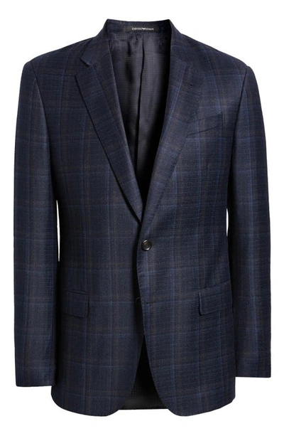 Emporio Armani Plaid Virgin Wool Blazer In Solid Medium Blue