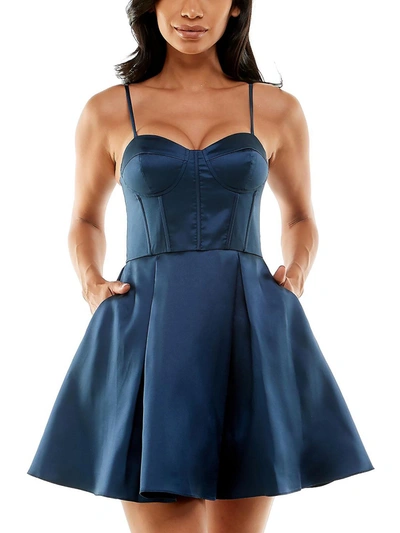 Shop B Darlin Juniors Womens Corset Seamed Mini Fit & Flare Dress In Blue