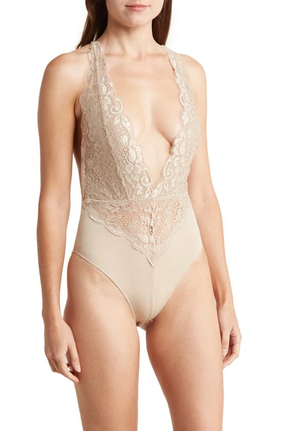 Shop Wishlist Plunge Neck Lace Bodysuit In Beige