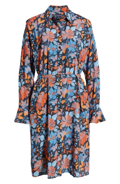 Shop French Connection Adalina Floral Belted Long Sleeve Shirtdress In Coastal Fjord