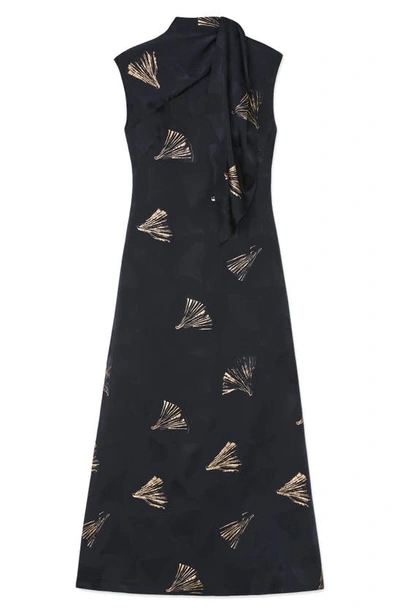 Shop Lafayette 148 Metallic Print Scarf Detail Dress In Black Multi