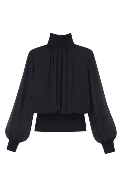Lafayette 148 Turtleneck Blouson-sleeve Silk Georgette Blouse In Black