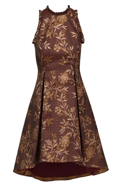 Shop Adrianna Papell Metallic Ruffle Jacquard High-low Cocktail Dress In Burgundy