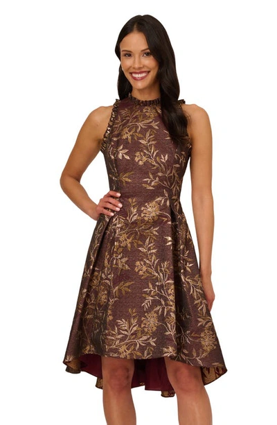 Shop Adrianna Papell Metallic Ruffle Jacquard High-low Cocktail Dress In Burgundy