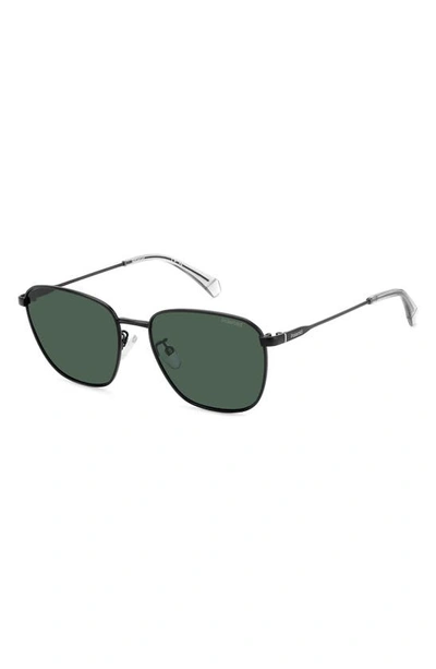 Polaroid 56mm Polarized Rectangular Sunglasses In Matte Black/ Green Polarized