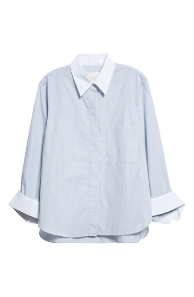 Shop Twp Pinstripe Cotton Poplin Button-up Shirt In White/ Grey/ Blue