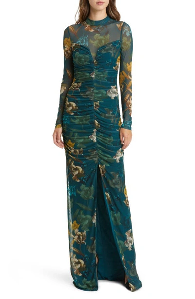 BLACK HALO WENDY FLORAL RUCHED LONG SLEEVE GOWN 