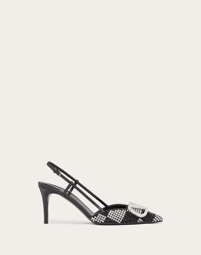 Shop Valentino Garavani Vlogo Signature Slingback Pump With Crystal Chess Embroidery 80mm Woman Crystal/b In Crystal/black