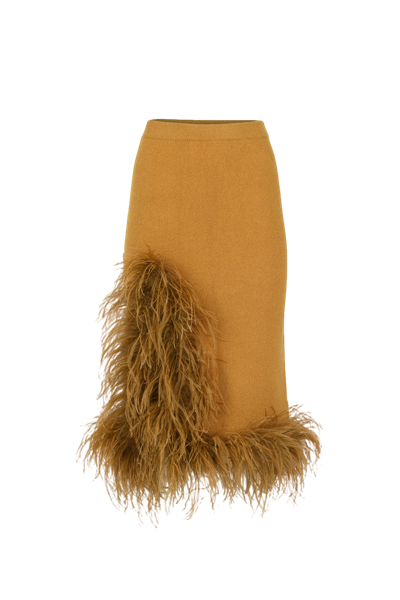 Shop Andreeva Camel Knit Skirt With Feathers In Brown