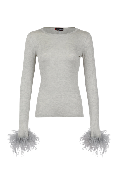 Shop Andreeva Grey Cashmere Top With Detachable Feather Cuffs
