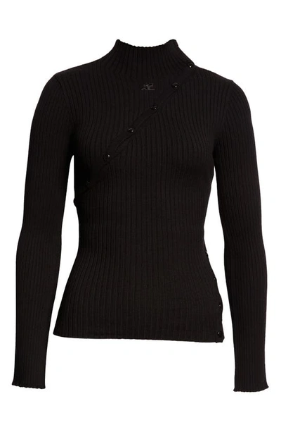 Shop Courrèges Snap Detail Rib Sweater In Black