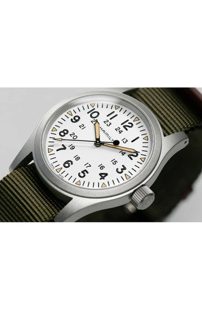 Hamilton Men's Swiss Mechanical Khaki Field Green Nato Strap Watch 38mm In White