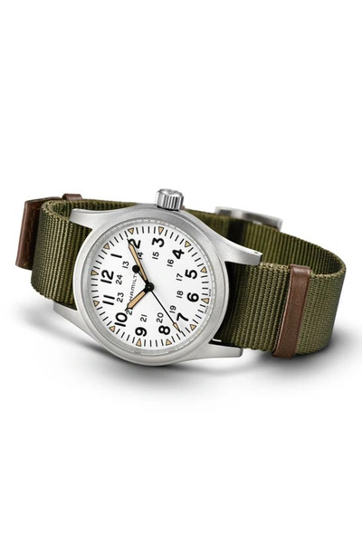 Hamilton Men's Swiss Mechanical Khaki Field Green Nato Strap Watch 38mm In White