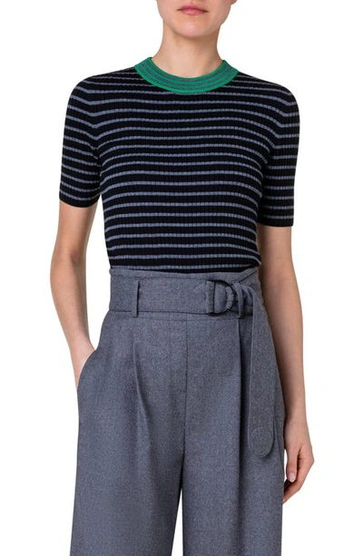 Shop Akris Punto Stripe Rib Short Sleeve Virgin Merino Wool Sweater In 958 Slate-black-tech Green
