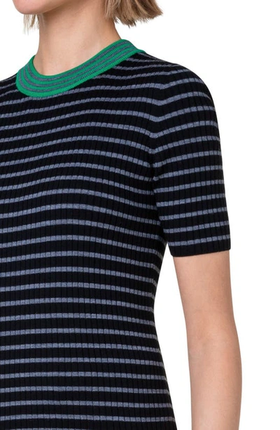 Shop Akris Punto Stripe Rib Short Sleeve Virgin Merino Wool Sweater In 958 Slate-black-tech Green
