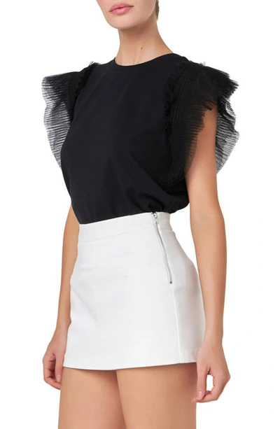 English Factory Mix Media Flutter Sleeve Knit Top In Black