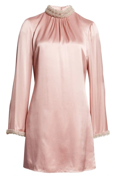 Shop Cinq À Sept Lula Embellished Long Sleeve Silk Minidress In Rosy Quartz