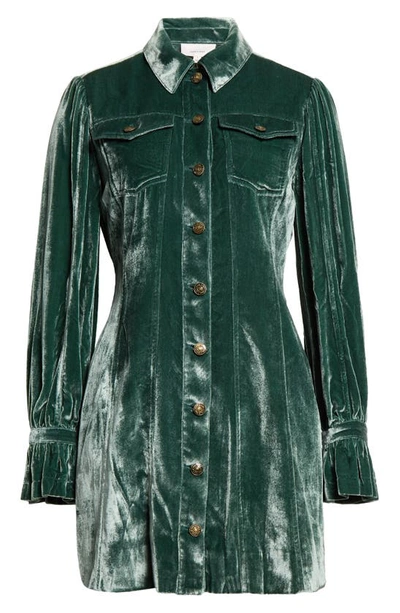 Shop Cinq À Sept Dillon Long Sleeve Velvet Shirtdress In Dark Emerald