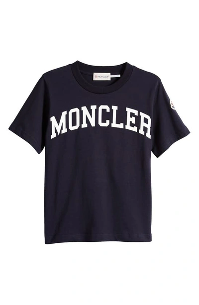 Shop Moncler Kids' Cotton Logo Graphic T-shirt In Blue Navy
