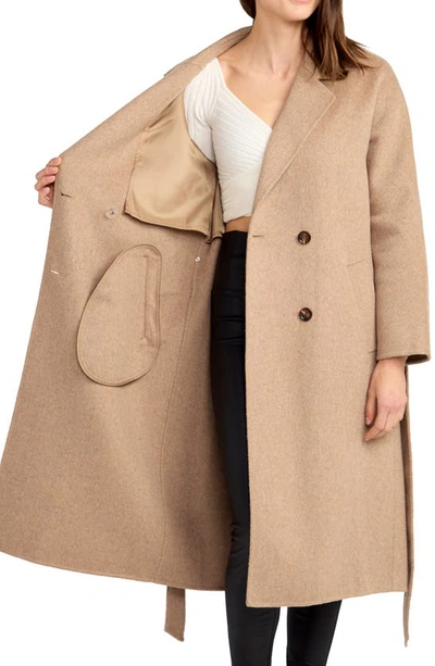 Shop Belle & Bloom Standing Still Belted Double Breasted Wool Blend Coat In Oat