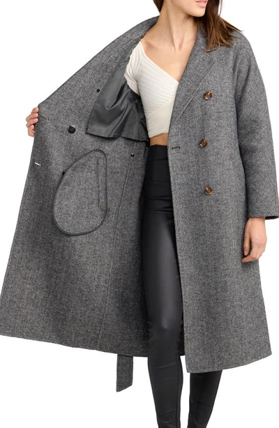 Shop Belle & Bloom Standing Still Belted Double Breasted Wool Blend Coat In Charcoal
