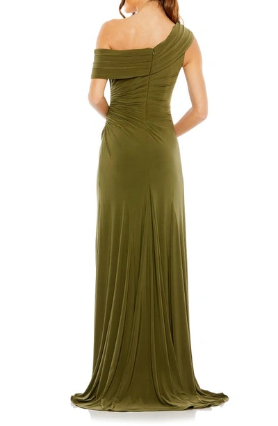 Shop Ieena For Mac Duggal Ruched One-shoulder Trumpet Gown In Olive