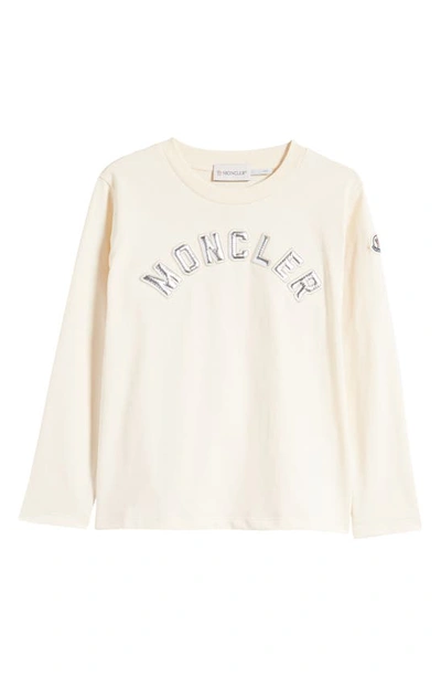 Shop Moncler Kids' Metallic Logo Long Sleeve Jersey T-shirt In Cream