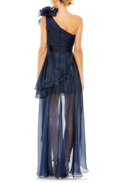 Shop Mac Duggal Rosette One-shoulder High-low Gown In Midnight