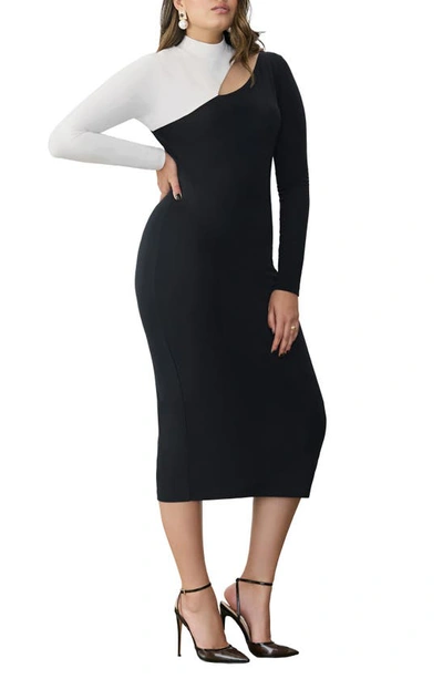 Shop Gstq Downtown Colorblock Cutout Long Sleeve Body-con Dress In Black And White