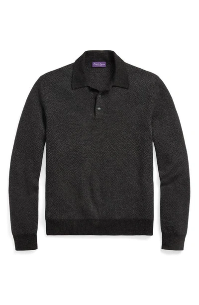 Shop Ralph Lauren Purple Label Herringbone Cashmere Polo Sweater In Charcoal Multi
