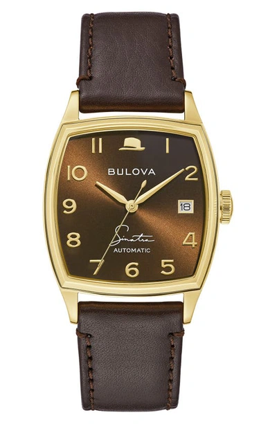 Shop Bulova Frank Sinatra Young At Heart Leather Strap Watch, 33.5mm In Goldone