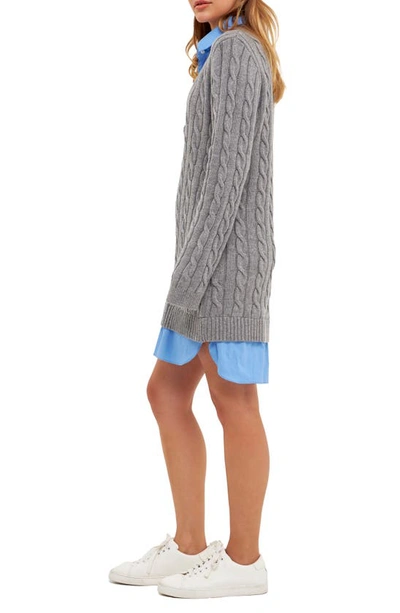 Shop English Factory Mixed Media Cable Stitch Long Sleeve Sweater Dress In Grey/ Oxford Blue
