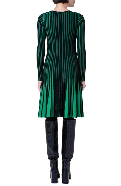 Shop Akris Punto Stripe Long Sleeve Merino Wool Rib Sweater Dress In 957 Black-tech Green