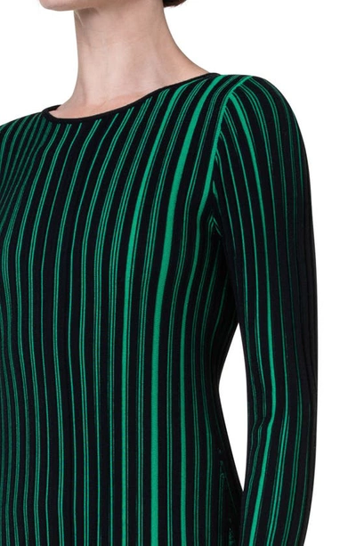 Shop Akris Punto Stripe Long Sleeve Merino Wool Rib Sweater Dress In 957 Black-tech Green