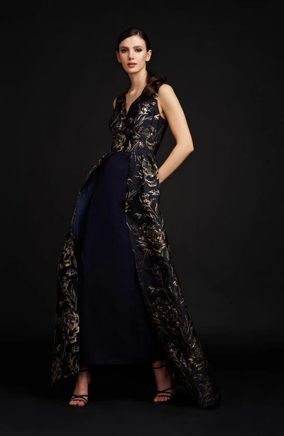 Shop Kay Unger Sterling Metallic Jacquard Gown In Dark Midnight
