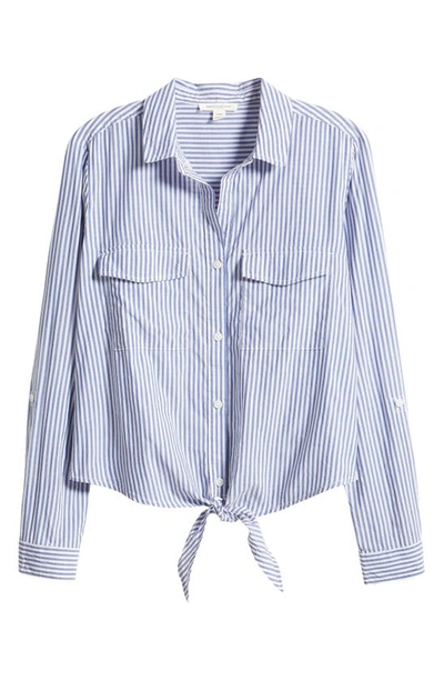 Shop Beachlunchlounge Stripe Tie Front Cotton & Modal Button-up Shirt In Sea Water