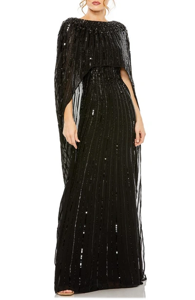 Shop Mac Duggal Sequin Embellished Long Sleeve Capelet Column Gown In Black