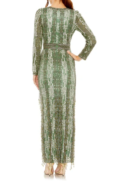 Mac Duggal Sequin Beaded Long Sleeve Gown In Sage