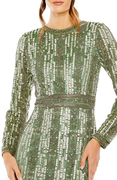 Mac Duggal Sequin Beaded Long Sleeve Gown In Sage