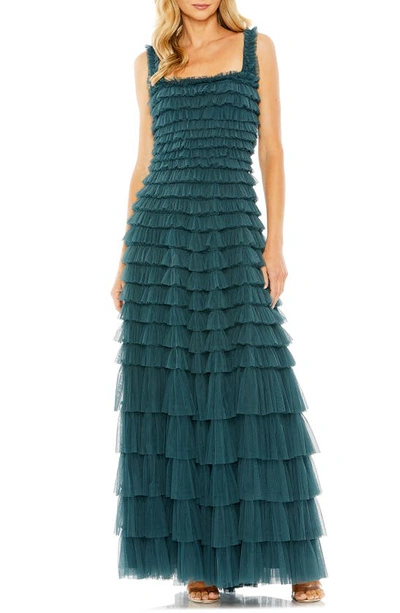 Shop Mac Duggal Ruffle Square Neck Gown In Teal