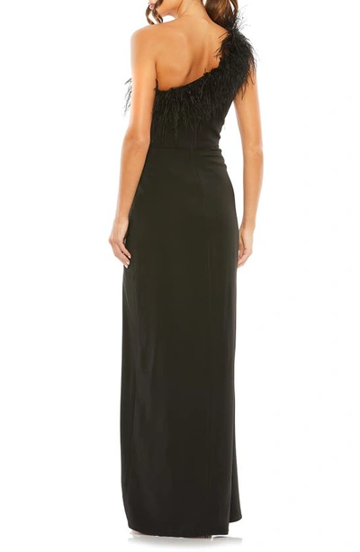 Shop Mac Duggal Faux Feather Trim One-shoulder Gown In Black