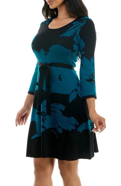Shop Nina Leonard Jacquard Fit & Flare Sweater Dress In Black/ Teal