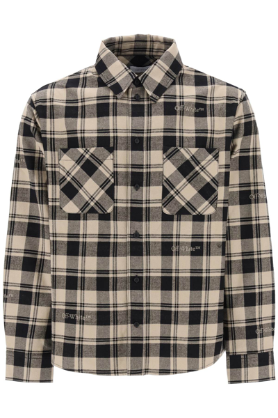 Shop Off-white Flannel Shirt With Logoed Check Motif In Beige Black (beige)