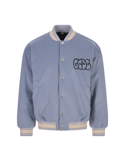 Shop Gcds Graffiti-logo Varsity Bomber Jacket In Light Blue