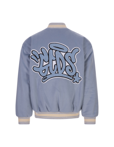 Shop Gcds Graffiti-logo Varsity Bomber Jacket In Light Blue