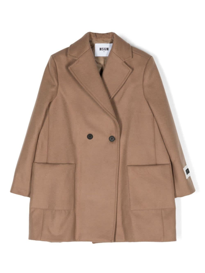 Msgm Logo-patch Double-breasted Coat In Marrone